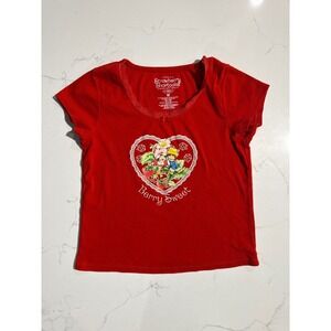 Strawberry Shortcake Red Berry Sweet Graphic Baby Tee Lace Trim